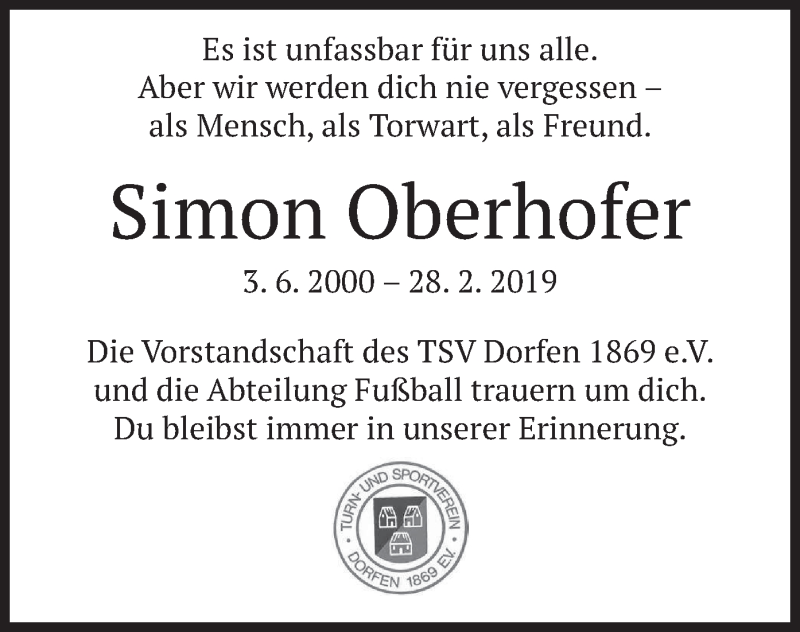  Traueranzeige für Simon Oberhofer vom 05.03.2019 aus merkurtz