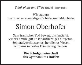 Traueranzeige von Simon Oberhofer von merkurtz
