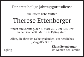 Traueranzeige von Therese Ettenberger von merkurtz
