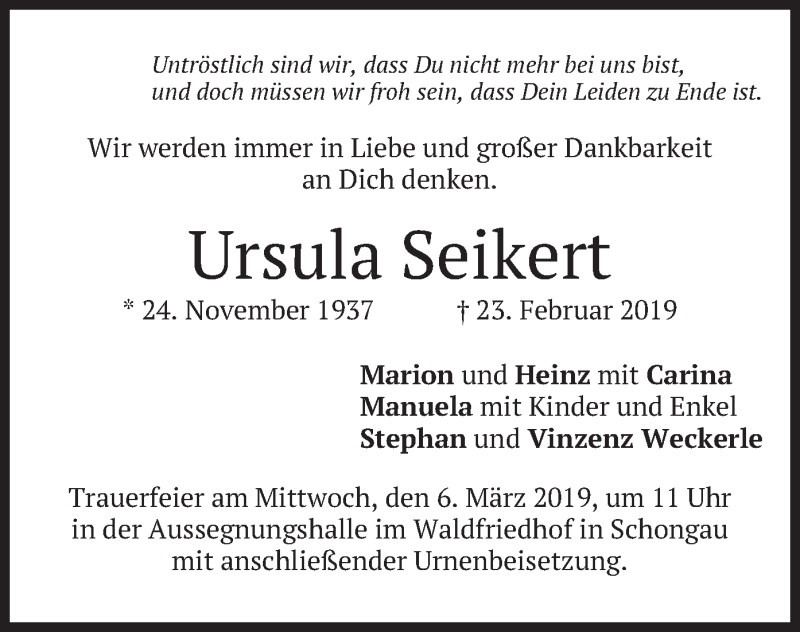  Traueranzeige für Ursula Seikert vom 04.03.2019 aus merkurtz