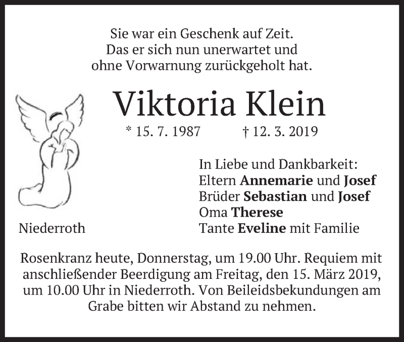  Traueranzeige für Viktoria Klein vom 14.03.2019 aus merkurtz