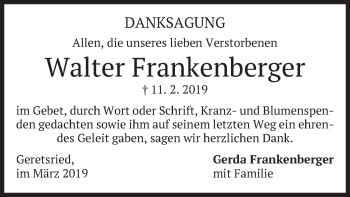 Traueranzeige von Walter Frankenberger von merkurtz