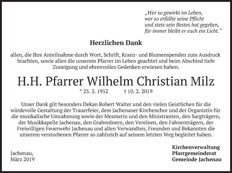  Traueranzeige für Wilhelm Christian Milz vom 16.03.2019 aus merkurtz