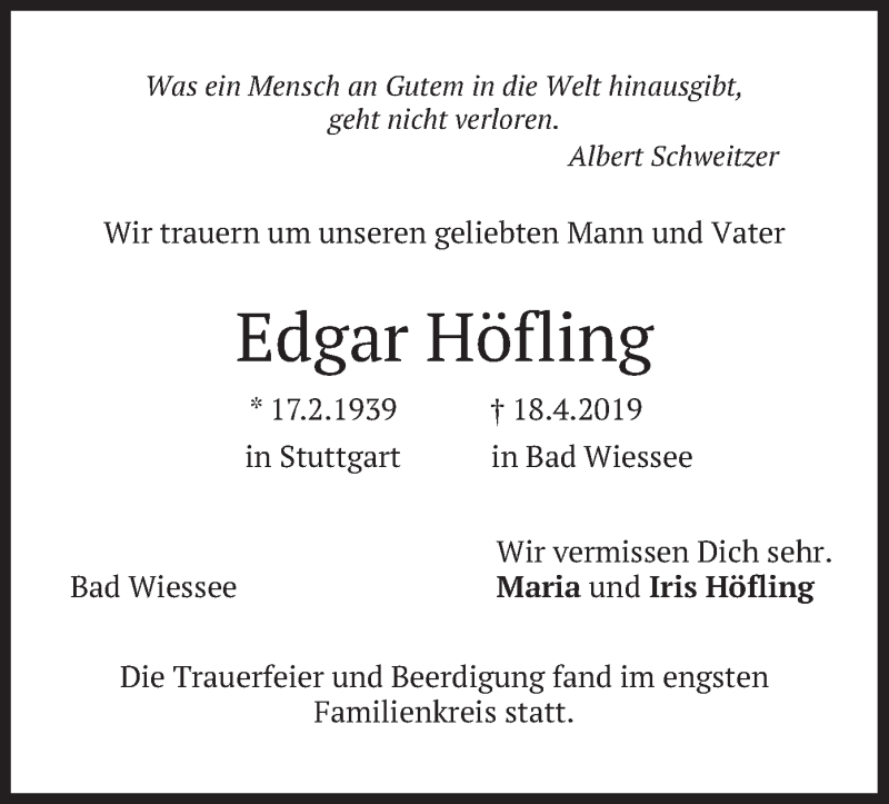 Traueranzeige für Edgar Höfling vom 27.04.2019 aus merkurtz