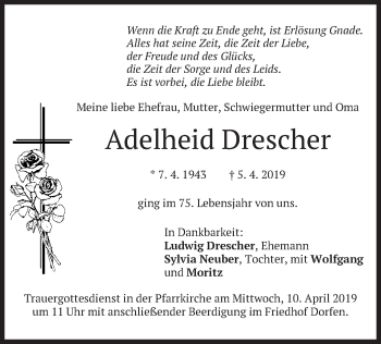 Traueranzeige von Adelheid Drescher von merkurtz