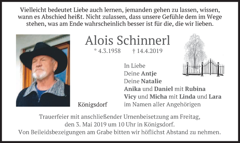 Traueranzeige für Alois Schinnerl vom 27.04.2019 aus merkurtz