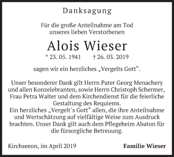 Traueranzeige von Alois Wieser von merkurtz