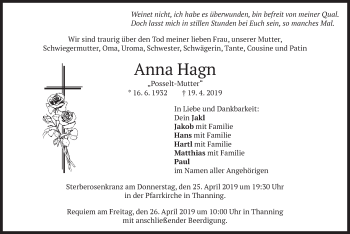 Traueranzeige von Anna Hagn von merkurtz