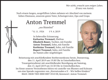 Traueranzeigen von Anton Tremmel | trauer.merkur.de