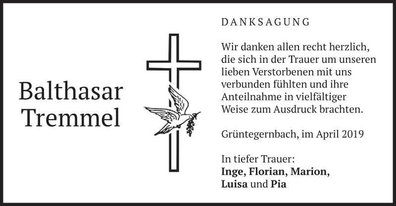  Traueranzeige für Balthasar Tremmel vom 20.04.2019 aus merkurtz