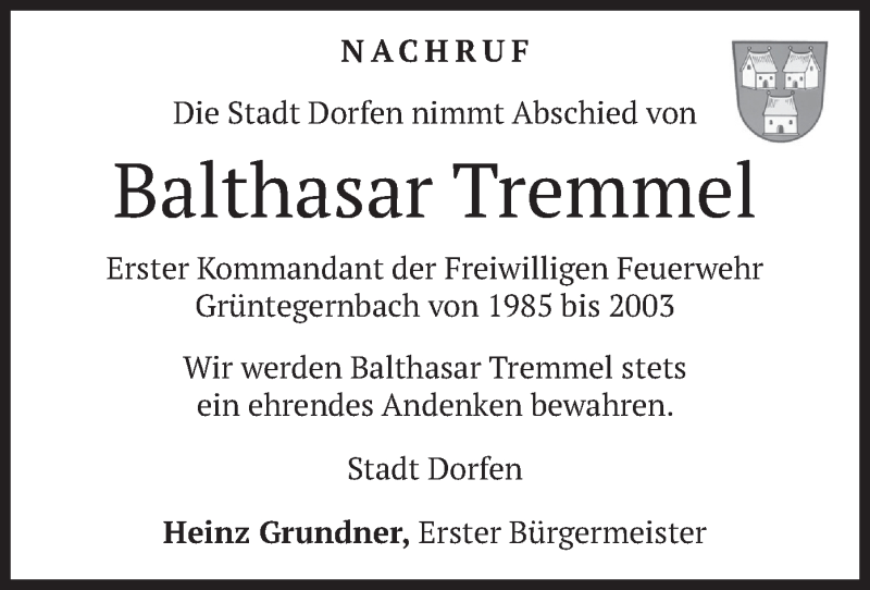  Traueranzeige für Balthasar Tremmel vom 16.04.2019 aus merkurtz