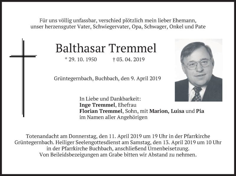  Traueranzeige für Balthasar Tremmel vom 09.04.2019 aus merkurtz