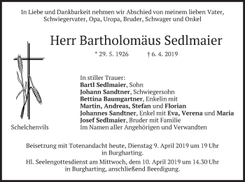 Traueranzeige von Bartholomäus Sedlmaier von merkurtz