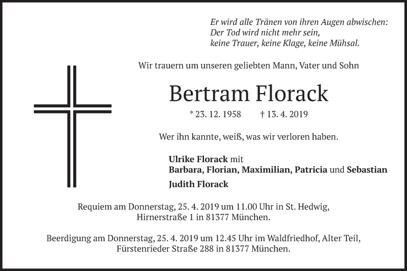  Traueranzeige für Bertram Florack vom 18.04.2019 aus merkurtz