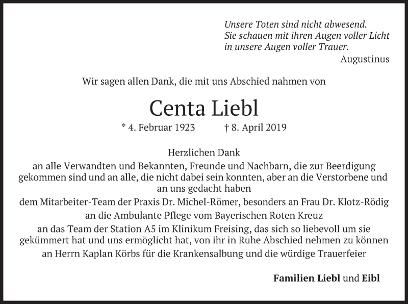  Traueranzeige für Centa Liebl vom 20.04.2019 aus merkurtz
