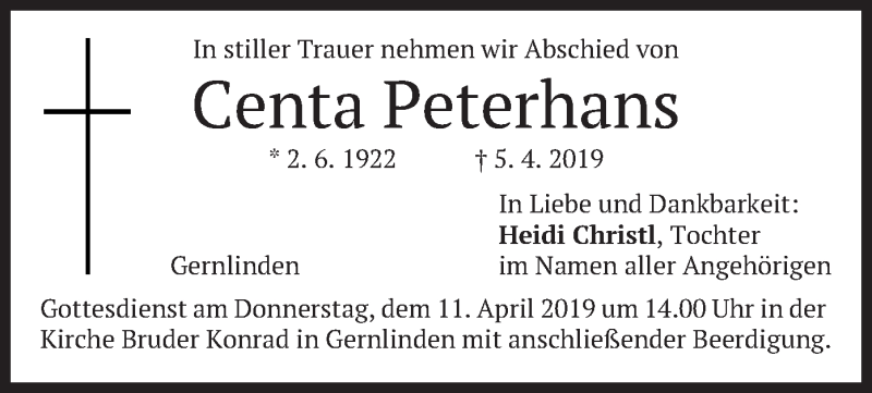  Traueranzeige für Centa Peterhans vom 09.04.2019 aus merkurtz