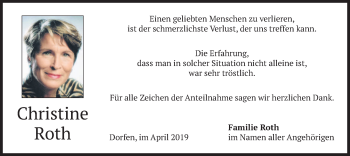 Traueranzeige von Christine Roth von merkurtz