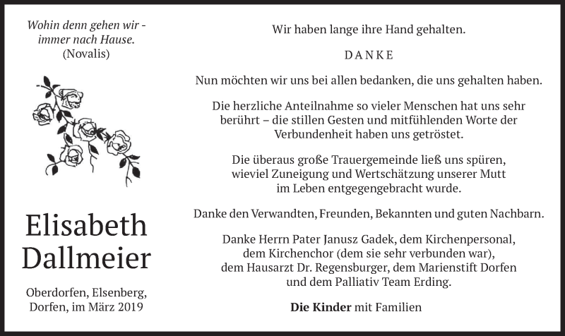  Traueranzeige für Elisabeth Dallmeier vom 06.04.2019 aus merkurtz