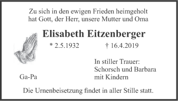Traueranzeige von Elisabeth Eitzenberger von merkurtz