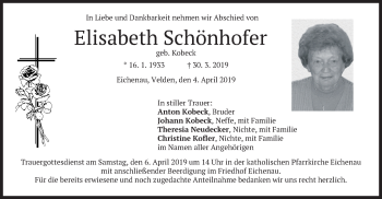 Traueranzeige von Elisabeth Schönhofer von merkurtz