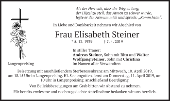 Traueranzeige von Elisabeth Steiner von merkurtz