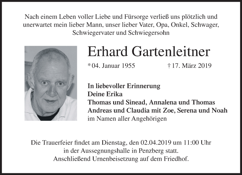  Traueranzeige für Erhard Gartenleitner vom 30.03.2019 aus Das Gelbe Blatt Penzberg