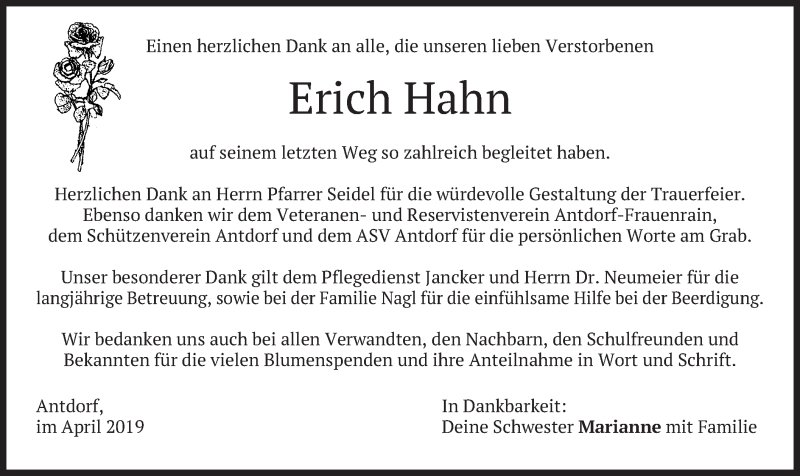  Traueranzeige für Erich Hahn vom 06.04.2019 aus merkurtz