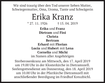 Traueranzeige von Erika Kranz von merkurtz