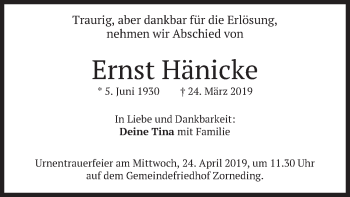 Traueranzeige von Ernst Hänicke