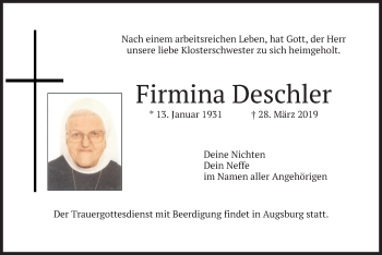 Traueranzeige von Firmina Deschler von merkurtz