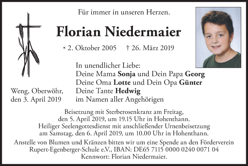  Traueranzeige für Florian Niedermaier vom 03.04.2019 aus merkurtz