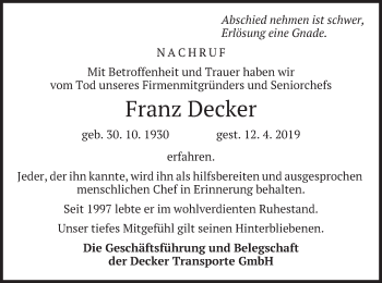 Traueranzeige von Franz Decker von merkurtz