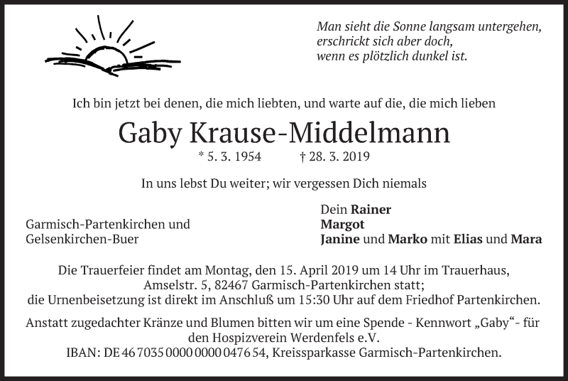  Traueranzeige für Gaby Krause-Middelmann vom 06.04.2019 aus merkurtz