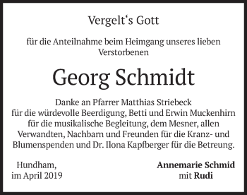 Traueranzeige von Georg Schmidt von merkurtz