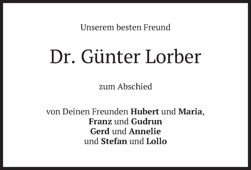  Traueranzeige für Günter Lorber vom 27.04.2019 aus merkurtz