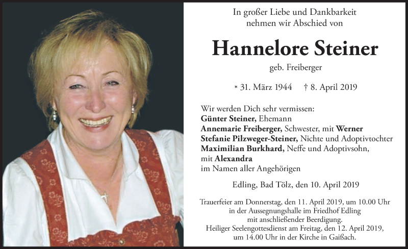  Traueranzeige für Hannelore Steiner vom 10.04.2019 aus merkurtz