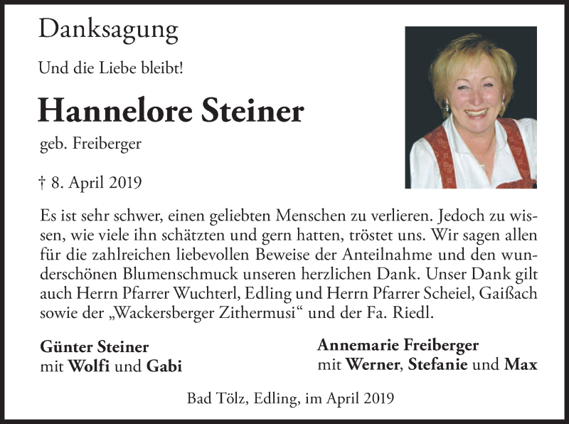  Traueranzeige für Hannelore Steiner vom 27.04.2019 aus merkurtz