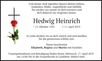 Traueranzeige von Hedwig Heinrich von merkurtz