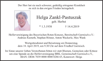 Traueranzeige von Helga Zankl-Pastuszak von merkurtz