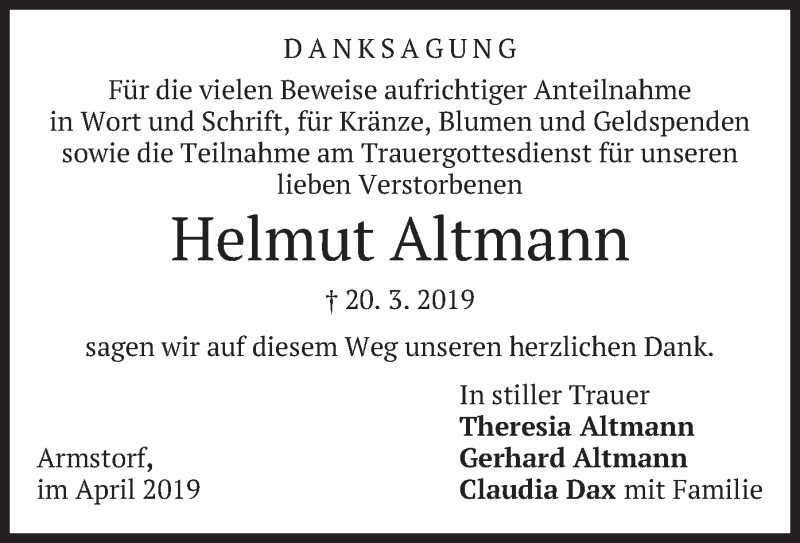  Traueranzeige für Helmut Altmann vom 20.04.2019 aus merkurtz