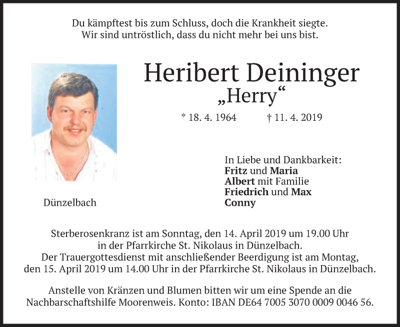  Traueranzeige für Heribert Deininger vom 13.04.2019 aus merkurtz