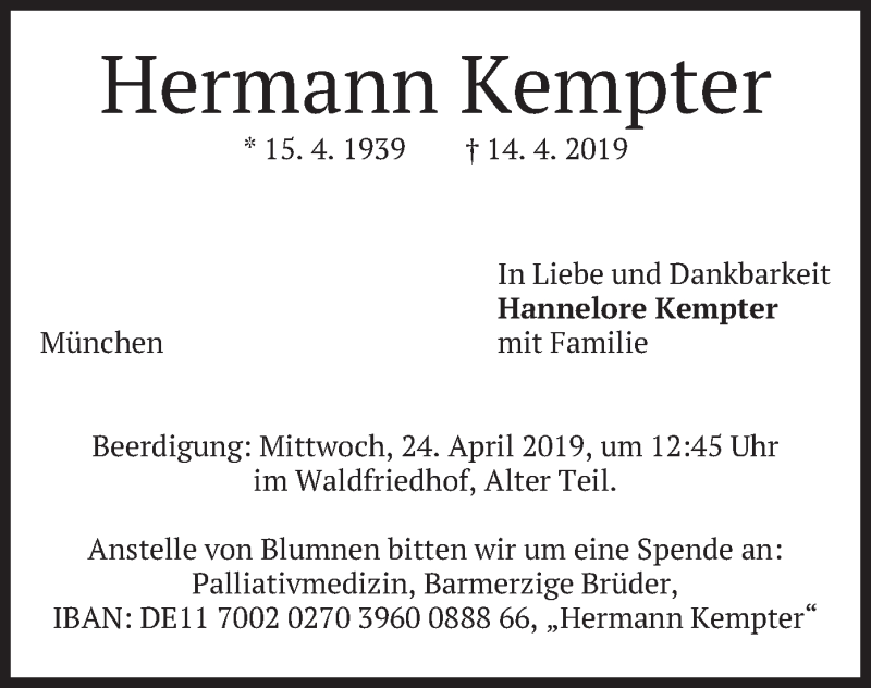  Traueranzeige für Hermann Kempter vom 18.04.2019 aus merkurtz