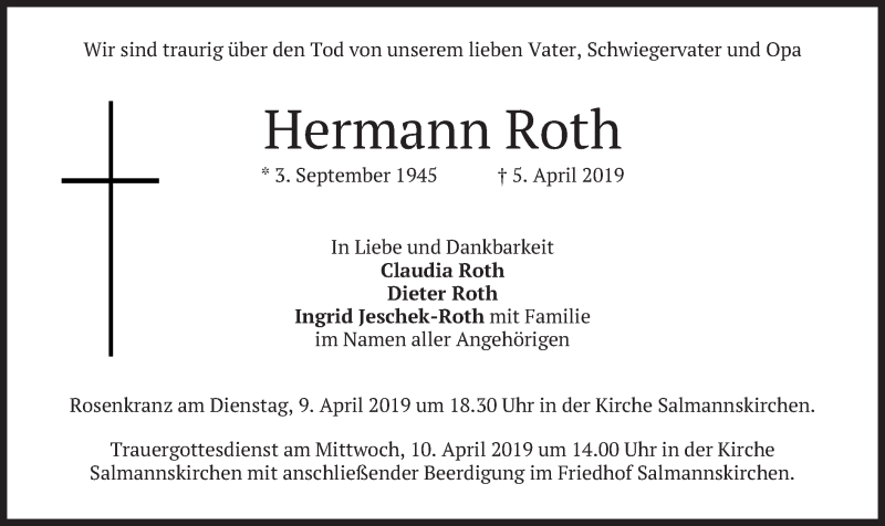 Traueranzeige für Hermann Roth vom 08.04.2019 aus merkurtz