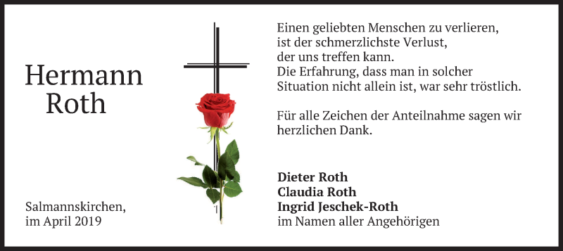  Traueranzeige für Hermann Roth vom 27.04.2019 aus merkurtz