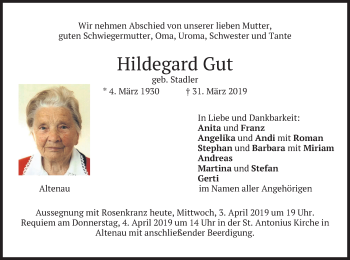 Traueranzeige von Hildegard Gut von merkurtz