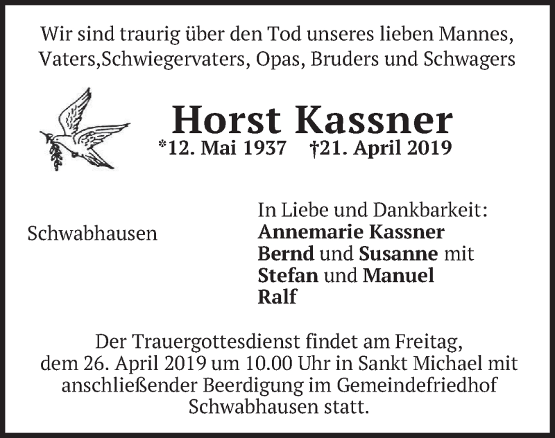  Traueranzeige für Horst Kassner vom 23.04.2019 aus merkurtz
