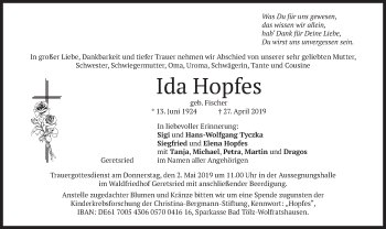 Traueranzeige von Ida Hopfes von merkurtz