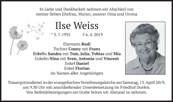 Traueranzeige von Ilse Weiss von merkurtz