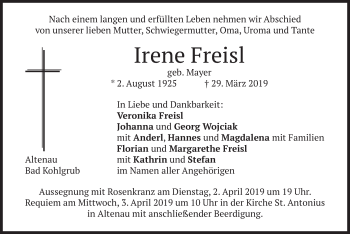 Traueranzeige von Irene Freisl von merkurtz