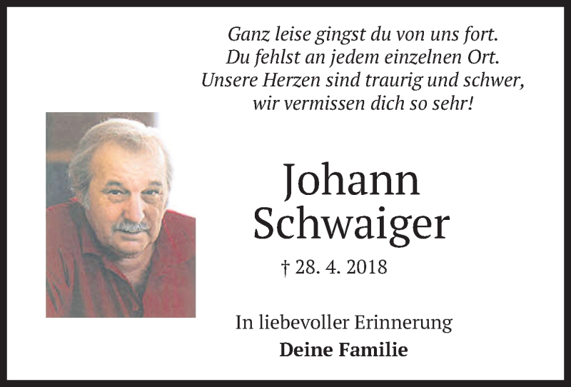  Traueranzeige für Johann Schwaiger vom 27.04.2019 aus merkurtz